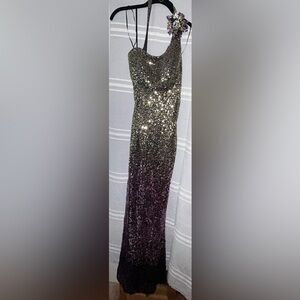 Faviana One Shoulder low back Sequin long Prom bridal formal Dress with …